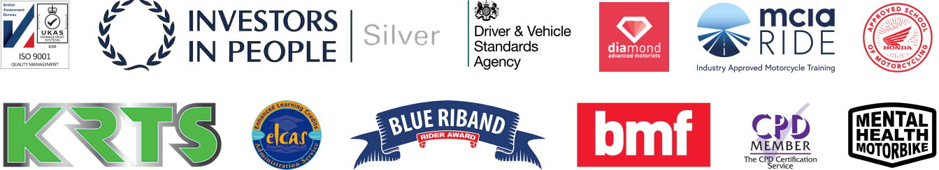 Phoenix Motorcycle Training Partner Logos: Investors in People, DVSA, Diamond Advanced Motorists, MCIA Ride, Honda, KRTS, Elcas, Blue Riband, BMF, CPD and Mental Health Motorbike